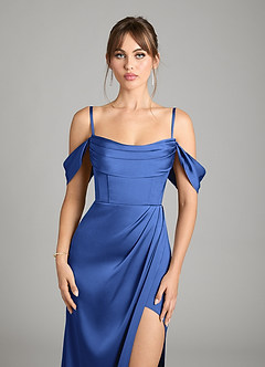 Azazie Johana Bridesmaid Dresses Royal Blue Mermaid Off the Shoulder Stretch Satin Convertible Dress image3