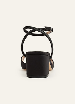 front Metaliczne satynowe buty na obcasie typu block z paskiem na kostce i zdobione kryształkami