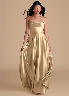 Azazie Elle Bridesmaid Dresses Champagne A-Line with Pockets Metallic Satin Dress image5