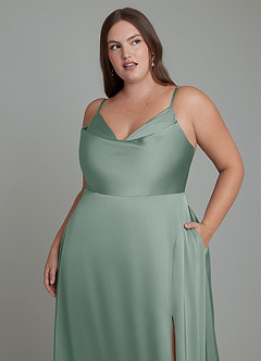 Azazie Sarella Bridesmaid Dresses Silver Sage A-Line Pleated Stretch Satin Dress image8