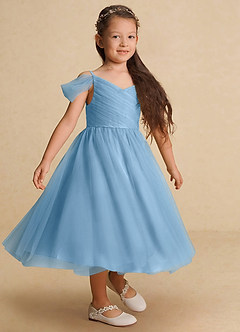 Azazie Lizzette Flower Girl Dresses Steel Blue A-Line Ruched Tulle Dress image4