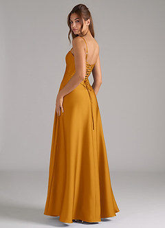 Azazie Valentine Bridesmaid Dresses Butterscotch A-Line Corset Stretch Satin Dress image2