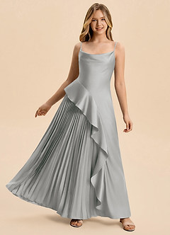 Azazie Lala Junior A-Linie Gestreift Stretch-Satin Kleid Silber image1