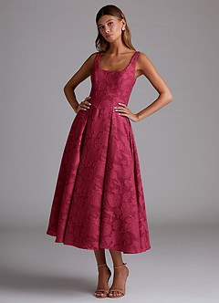 Azazie Amalie Bridesmaid Dresses Burgundy A-Line Pleated Floral Burnout Dress image1