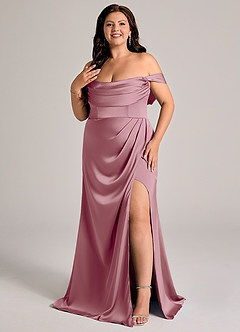 Azazie Johana Robes de demoiselle d'honneur Robe Sirène Convertible en Satin extensible Épaule décolletée Mauve Vintage image8