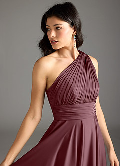 Azazie Charlize Bridesmaid Dresses Sangria A-Line One Shoulder Stretch Satin Dress image7