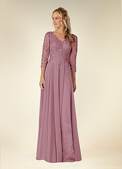 Azazie Noella Mother of the Bride Dresses Vintage Mauve A-Line V-Neck Lace Chiffon Dress image2