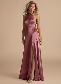Azazie Clarice Bridesmaid Dresses Vintage Mauve A-Line High Neck Metallic Satin Dress image1