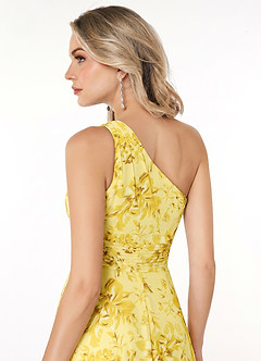 Azazie Dallas Robes de demoiselle d'honneur Robe Trapèze en Mousseline de soie Une épaule Sorbet Au Citron Fleurs image4