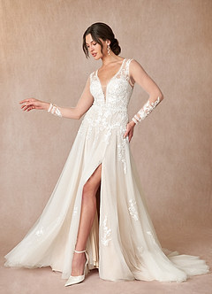 Azazie Ariya Wedding Dresses Diamond White Champagne A-Line Lace Tulle Dress image2