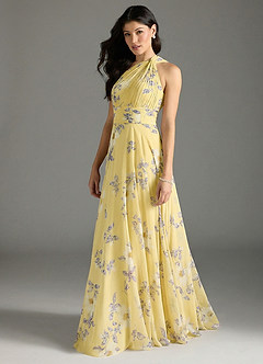 Azazie Charlize Bridesmaid Dresses Lemon Sorbet New Day Floral A-Line One Shoulder Chiffon Dress image4