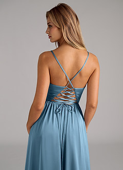 Azazie Aaida Bridesmaid Dresses Steel Blue A-Line Corset Stretch Satin Dress image2