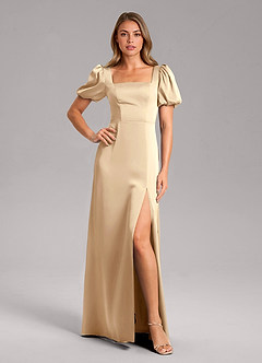 Azazie Fyona Bridesmaid Dresses Champagne A-Line Pleated Stretch Satin Dress image1