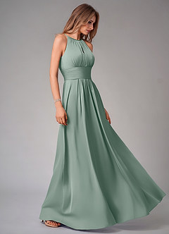 Azazie Bonnie At-home Try On Dresses Dusty Blue A-Line Pleated Stretch Satin Dress image4