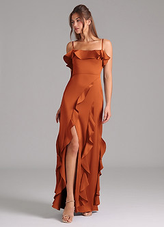 Azazie Malia Bridesmaid Dresses Cinnamon A-Line Side Slit Stretch Satin Dress image1