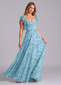 Azazie Leilani Bridesmaid Dresses Blue Fern Floral A-Line Pleated Chiffon Dress image3
