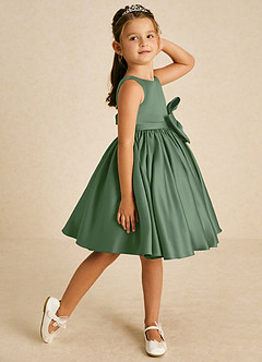 Azazie Apple Flower Girl Dresses Eucalyptus A-Line Bow Matte Satin Dress image3
