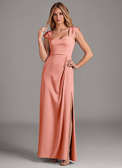 Azazie Laila Bridesmaid Dresses Coral A-Line Pleated Stretch Satin Dress image3