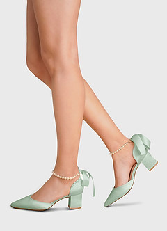 front Matching Color Matte Satin Pearl and Bow Pointed Toe Block Heels