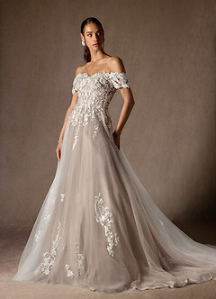 Azazie Rowe Wedding Dresses Diamond White Cocoa Ball-Gown Off the Shoulder Tulle Dress image5