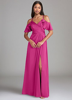 Azazie Dakota Bridesmaid Dresses Fuchsia A-Line Off the Shoulder Stretch Satin Dress image3