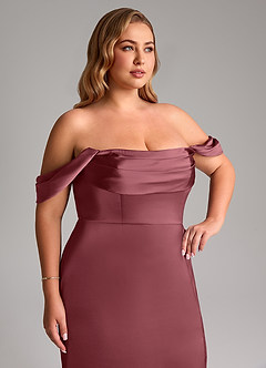 Azazie Saige Bridesmaid Dresses Desert Rose Sheath Off the Shoulder Stretch Satin Dress image14