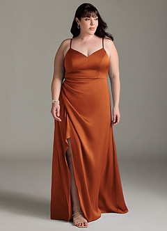 Azazie Marchella Bridesmaid Dresses Cinnamon A-Line Corset Stretch Satin Dress image7