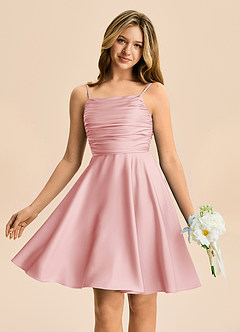 Azazie Miko Junior Powder Pink A-Line Pleated Stretch Satin Dress image1