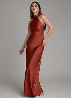 Azazie Dimitra Robes de demoiselle d'honneur Robe Trapèze en Satin extensible Plissée Terracotta image4