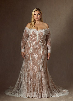 Azazie Katherine Wedding Dresses Diamond White Mocha Mermaid Off the Shoulder Tulle Dress image11