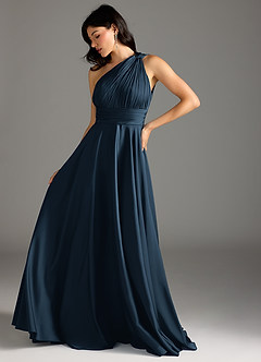 Azazie Charlize Jurken voor bruidsmeisjes Jurk van Stretch Satijn met A-lijn One-shoulder Donkere Marine image5