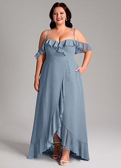 Azazie Lyra At-home Try On Dresses Dusty Blue A-Line Chiffon Convertible Dress image16