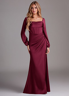 Azazie Charissa Bridesmaid Dresses Burgundy Sheath Long Sleeve Stretch Satin Dress image3