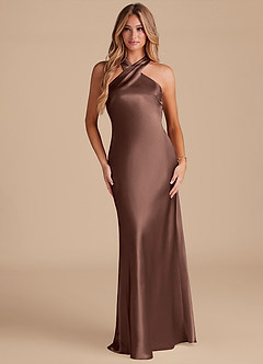 Azazie Doretta Bridesmaid Dresses Espresso Mermaid Bow Metallic Satin Dress image1