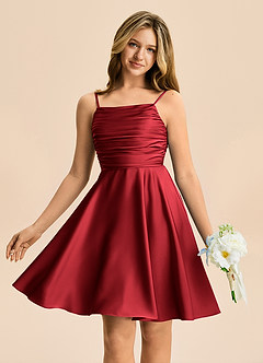 Azazie Miko Junior Scarlet A-Line Pleated Stretch Satin Dress image1