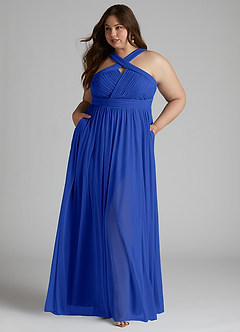 Azazie Hillian Bridesmaid Dresses Royal Blue A-Line Halter Pleated Mesh Dress image8