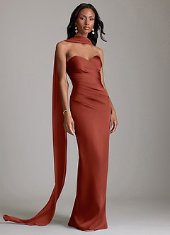 Azazie Sonora Vestidos de damas de honor Vestido de Terracota de Satén Elástico de Corte Recto con Sin tirantes image9