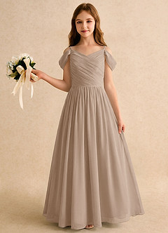 Azazie Chelo Girls Formal Abiti da Ragazza di Fiori Abito A-Line in Chiffon Plissettato Taupe image3
