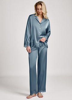 front Conjunto de pijama de manga larga con ribete de encaje satinado
