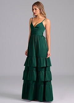 Azazie Nathalia Bridesmaid Dresses Emerald A-Line Pleated Stretch Satin Dress image4
