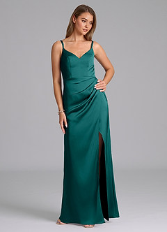 Azazie Leo Bridesmaid Dresses Peacock Sheath Pleated Stretch Satin Dress image5