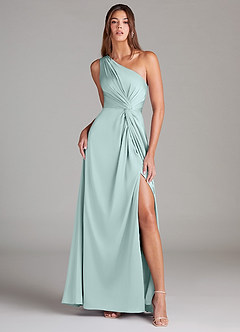 Azazie Brooke Bridesmaid Dresses Sea Glass A-Line One Shoulder Stretch Satin Dress image1