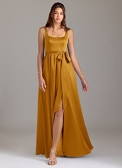 Azazie Elliott Robes de demoiselle d'honneur Robe Trapèze en Satin extensible avec poches Caramel écossais image5