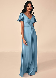 Azazie Soren Bridesmaid Dresses Steel Blue A-Line Pleated Stretch Satin Dress image4