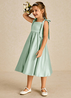 Azazie Chelsie Flower Girl Dresses Agave A-Line Bow Matte Satin Dress image4