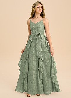 Azazie Peyton Junior A-Linie Plissee Blumen-Burnout Kleid Agave image4