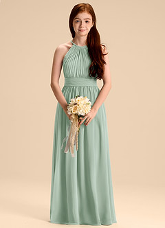 Azazie Malone Junior Abito A-Line in Chiffon Plissettato Agave image3