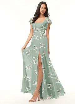 Azazie Bondi Bridesmaid Dresses Agave Lilly Floral A-Line Ruffled Chiffon Dress image4