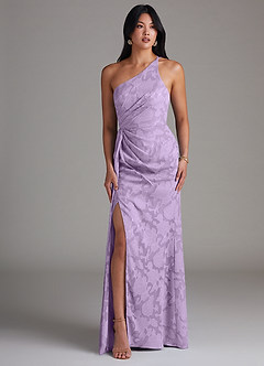 Azazie Mika Bridesmaid Dresses Lilac Sheath One Shoulder Floral Burnout Dress image3