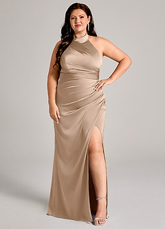 Azazie Jemma Bridesmaid Dresses Taupe Sheath Pleated Stretch Satin Dress image10